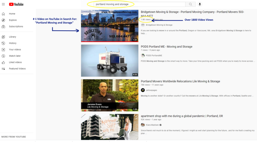 Bridgetown Moving and Storage YouTube video marketing You Tube and Google search results